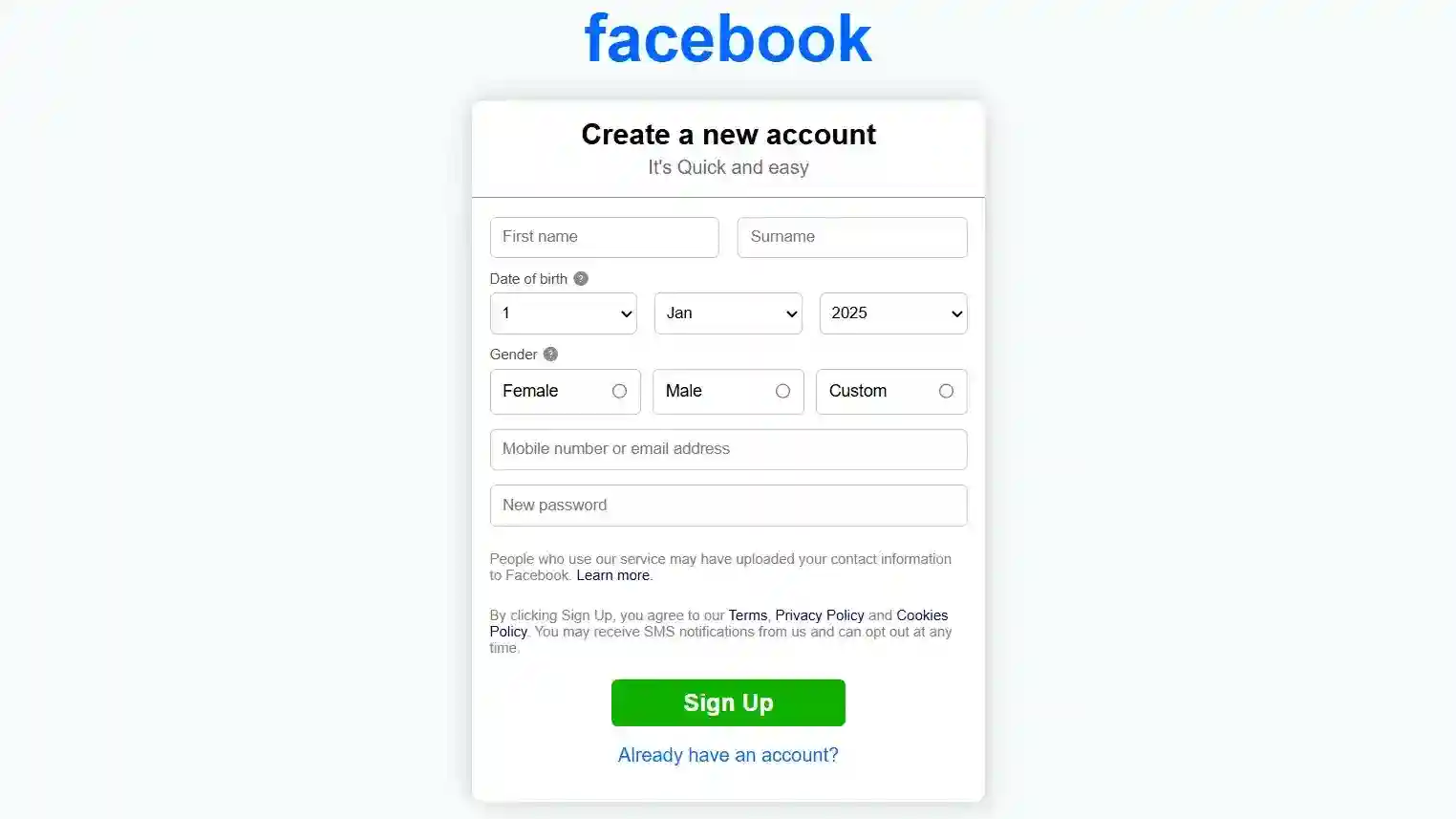 Pixel-perfect visual clone of the Facebook login and registration page interface.